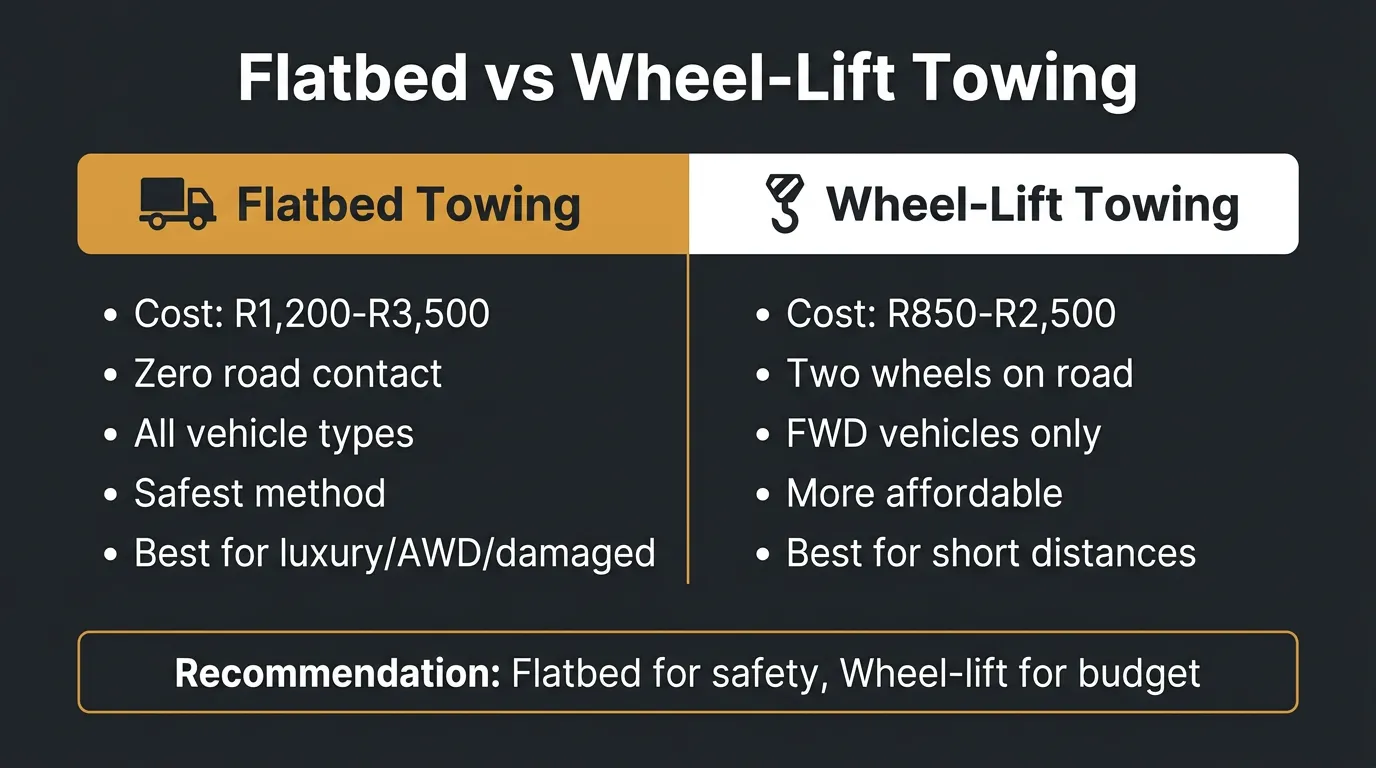 Infographic comparing flatbed towing vs wheel-lift towing methods