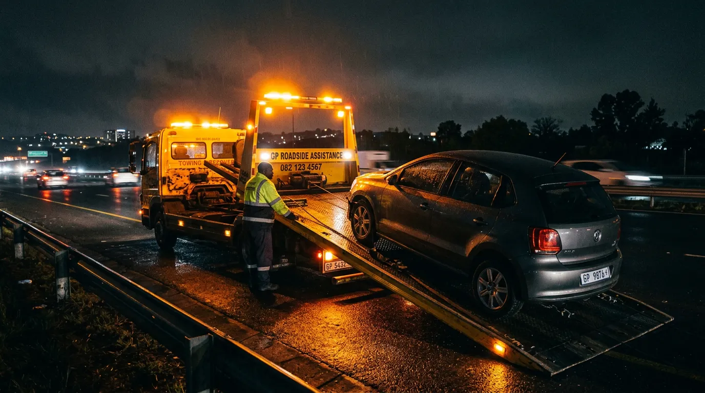 Emergency tow truck loading a broken down car at night with amber flashing lights