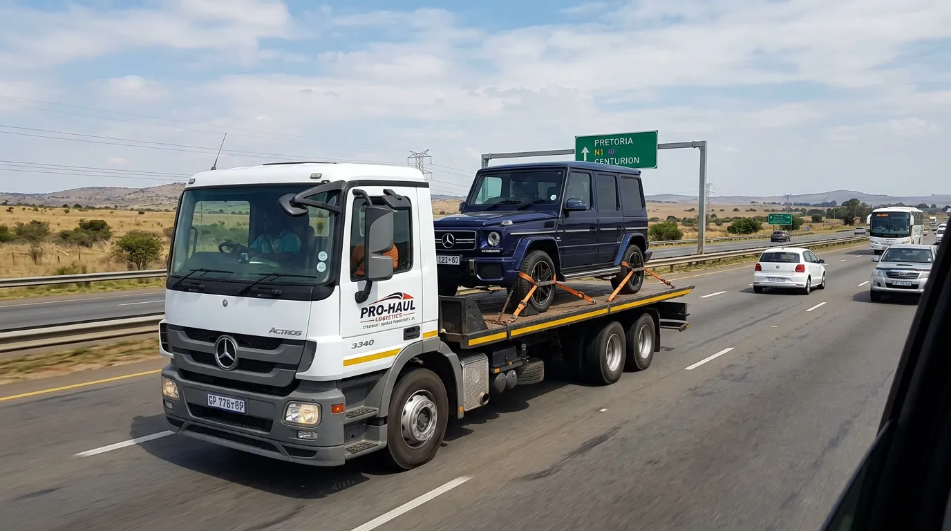 Flatbed truck transporting a luxury SUV safely on the highway