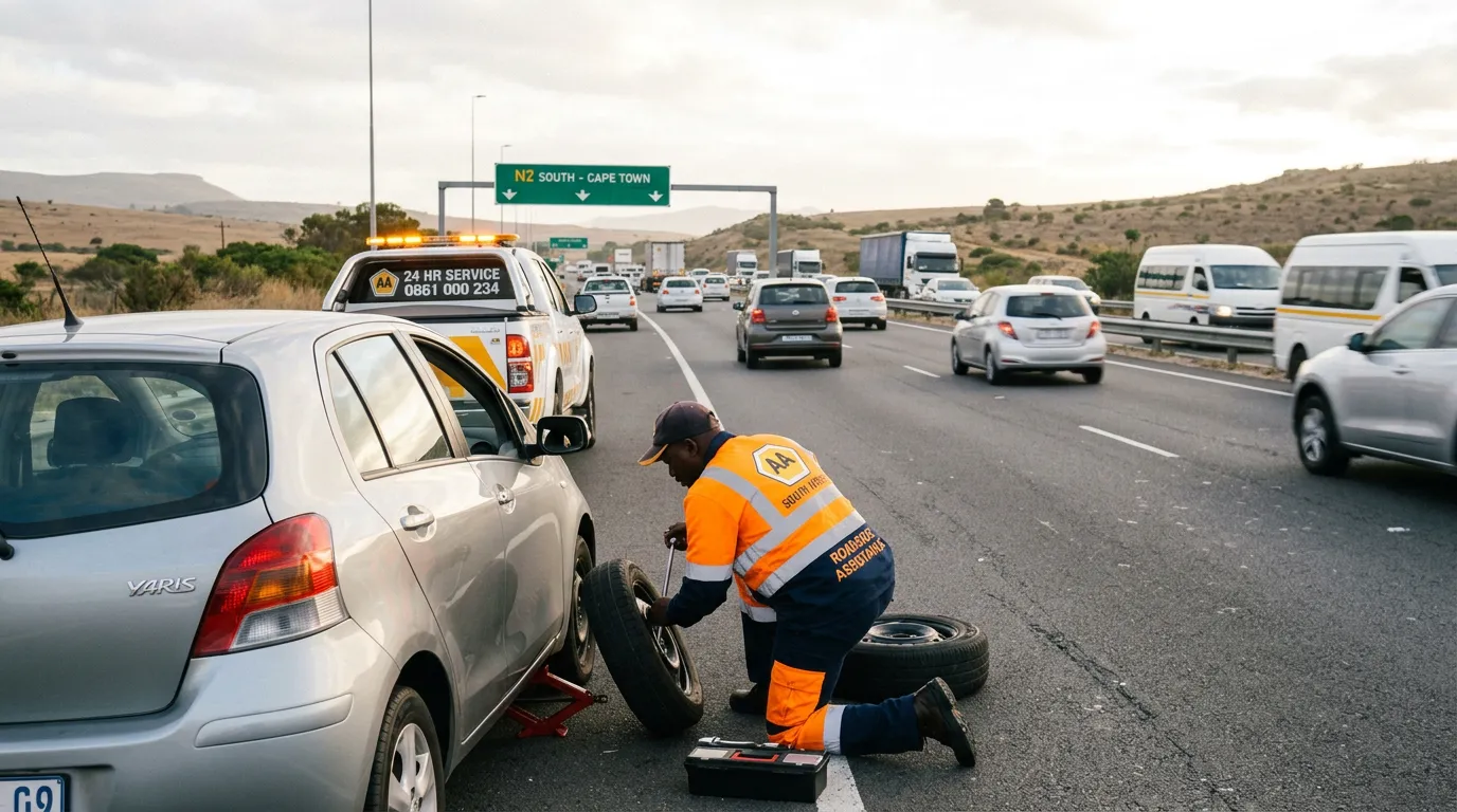 Roadside assistance technician changing a tyre on a busy road