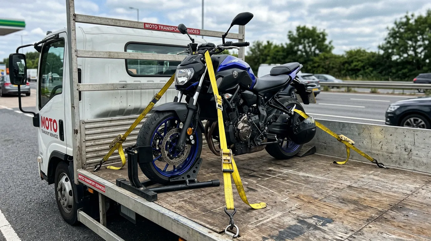 Motorcycle secured on a flatbed truck with proper straps and wheel cradle
